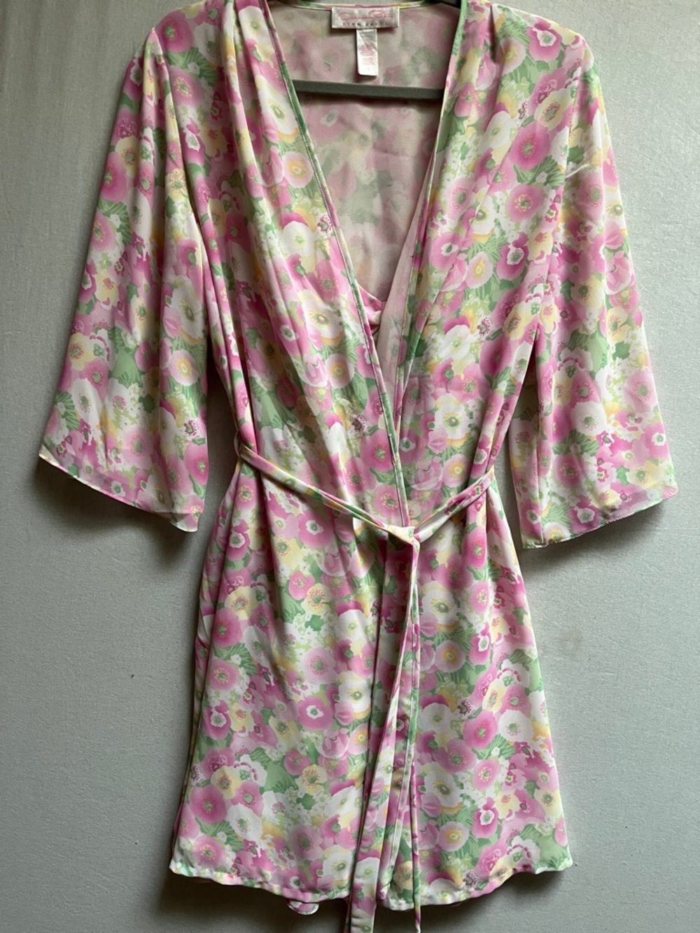 Oscar de la Renta 2 piece Floral Pink Satin Wrap Robe / dress set Sz S